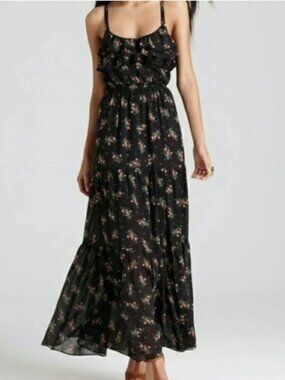 Guess Dark Floral Ruffle Maxi Dress With X-cross Straps, NWOT, 4
